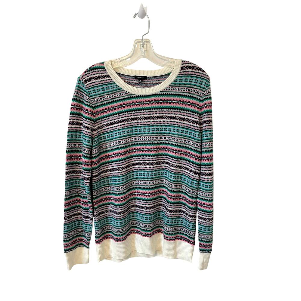 Talbots Fair Isle Lamb's Wool Sweater Pink Black White Green Size Medium